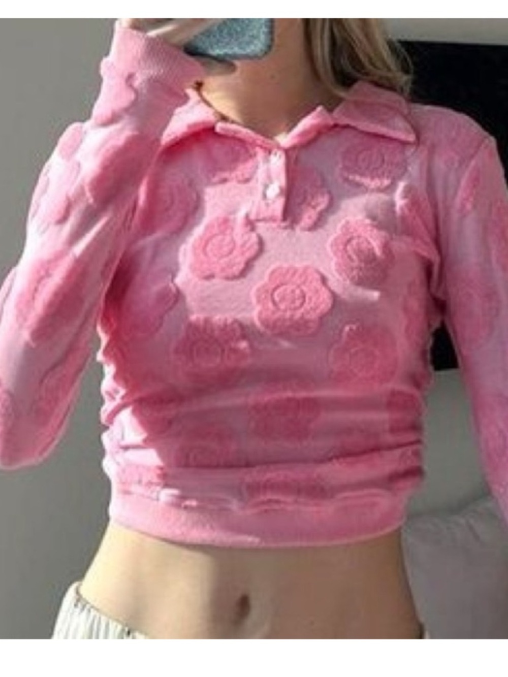 Frankie's Bikinis Pink Floral Knit Polo Crop Top